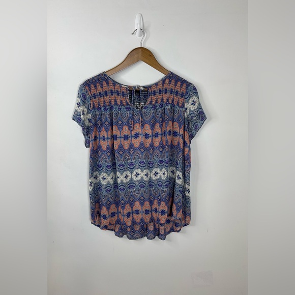 Lucky Brand Geometric Boho Short Sleeve Top Size Large - Picture 1 of 5